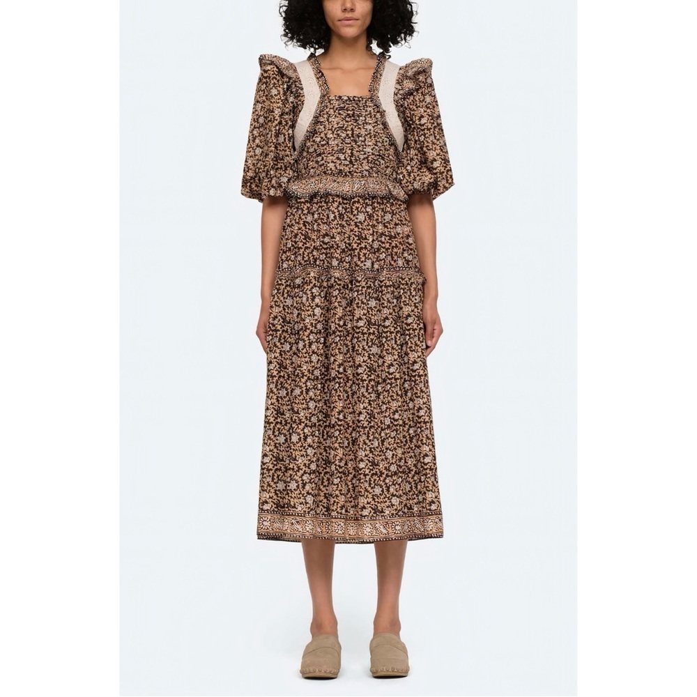 SEA New York Midi Lace-Trim Floral Puff-Sleeve Irina Dress